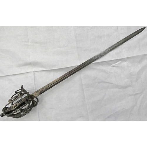 1033 - SCOTTISH BASKET HILTED SWORD WITH  A 77.5CM LONG FULLERED BLADE WITH AN 18TH CENTURY CHARACTERISTIC ... 