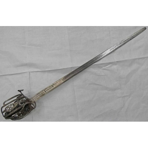 1036 - MID 18TH CENTURY SCOTTISH BASKET HILTED BACK SWORD. THE SINGLE EDGED TWIN FULLERED BLADE DOUBLE STAM... 