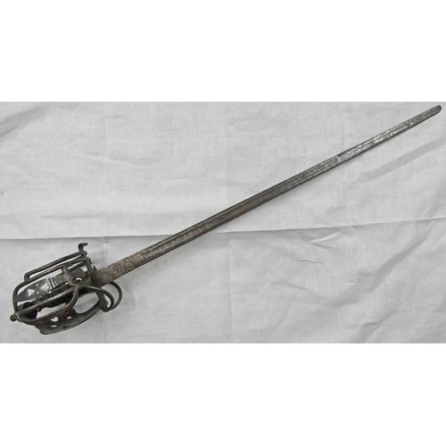 1037 - MID 18TH CENTURY SCOTTISH BASKET HILTED BACK SWORD WITH HEAVY WROUGHT IRON BASKET ON SINGLE EDGED 85... 