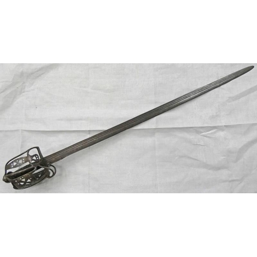 1038 - MID 18TH CENTURY SCOTTISH BASKET HILTED BACKSWORD WITH TRIPLE FULLERED BLADE AND THREE-QUARTER BASKE... 