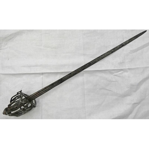 1039 - SCOTTISH BASKET HILTED BROADSWORD WITH LARGE STEEL POMMEL, PIERCED WROUGHT IRON BASKET ON 86CM DOUBL... 