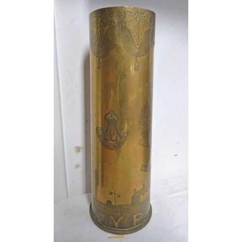 1043 - WORLD WAR ONE 1915 18 POUNDER HEAVILY WORKED ARTILLERY SHELL, YPRES 1916, DRI, CAPTAIN H W WARD, ROY... 