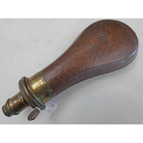 1047C - BROWN LEATHER COVERED POWDER FLASK BY SYKES