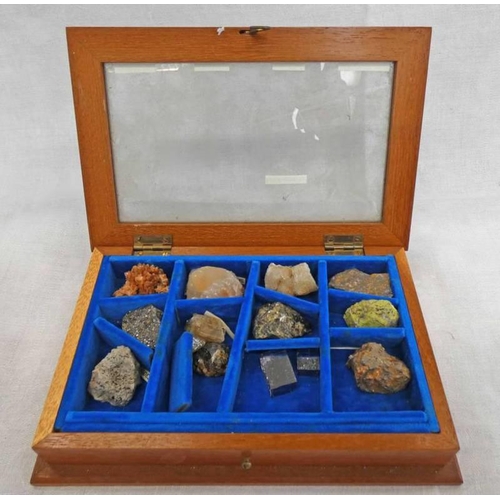 1050 - GLAZED CASE CONTAINING SEVERAL MINERAL SPECIMENS TO INCLUDE PARAHOPEITE, GALENA, ETC