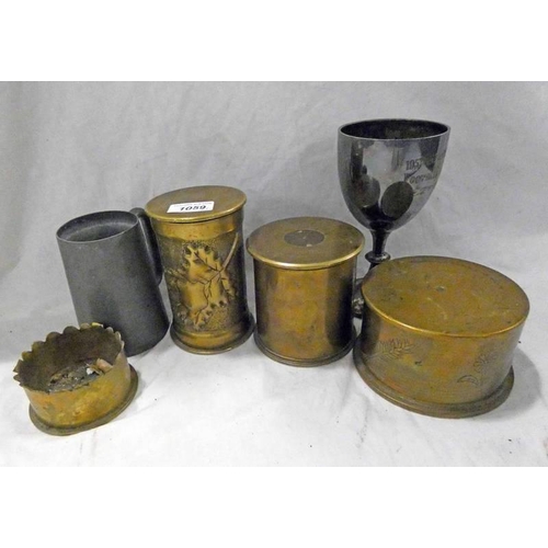 1059 - SHELL CRAFT / TRENCH ART LIDDED ARTILLERY SHELL POTS / JARS, LRC JUNIOR FOURS 1919 MARKED PEWTER MUG... 