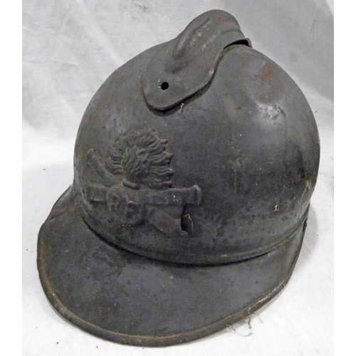 1062 - FRENCH ADRIAN HELMET WITH RF FLAMING BOMB BADGE WITH CROSSED CANONS, WITH LEATHER LINER & LEATHER CH... 