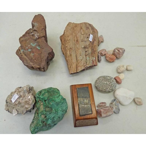 1103 - SELECTION OF MINERAL SPECIMENS TO INCLUDE MALACHITE, PETRIFIED WOOD, ETC