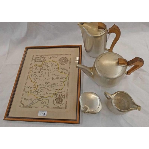 1106 - FRAMED MAP OF ANGUS & A 4 PIECE PIQUOT WARE SET