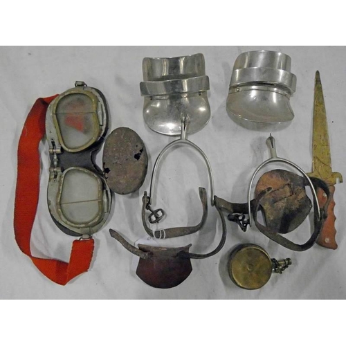 1107 - STADIUM GOGGLES, SPURS WITH LEATHER STRAPS, OIL BOTTLE, ETC