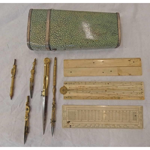 1115 - GEORGIAN SHAGREEN AND SILVER INSTRUMENT / DRAFTING SET WITH RAMSAY CREST ENGRAVED TO TOP OF LID, CAS... 