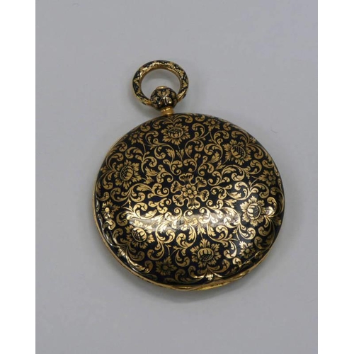 112 - FOB WATCH IN NIELLO DECORATED YELLOW METAL CASE