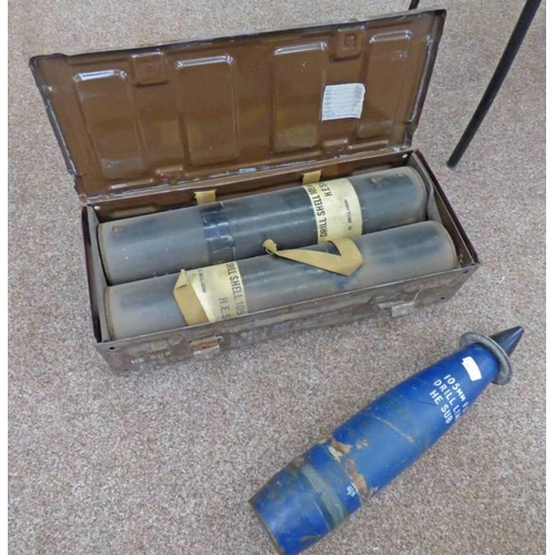 1128A - TWO CASED INERT 105MM DRILL ROUNDS IN TUBES IN A METAL CASE