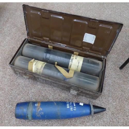 1134A - TWO CASED INERT 105MM DRILL ROUNDS IN TUBES IN A METAL CASE