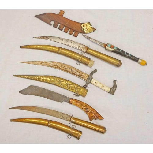 1195 - PAIR OF BRASS MIDDLE EASTERN DAGGERS, TRIBAL STYLE KNIFE WITH CARVED GRIP, ETC -6-