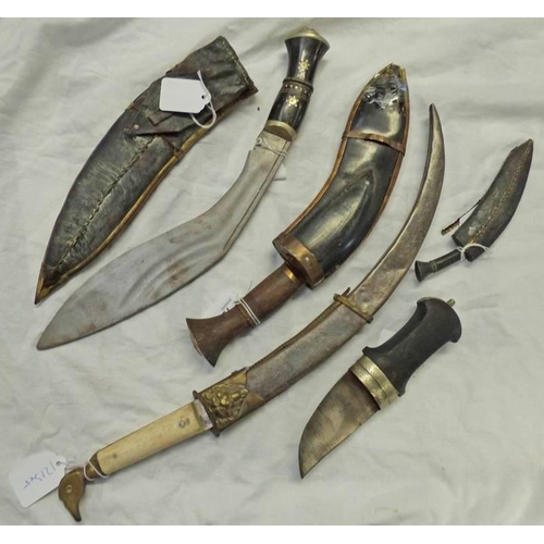 1213 - 2 INDIAN KUKRIS, SMALL KUKRI, MIDDLE EASTERN KNIFE, ETC