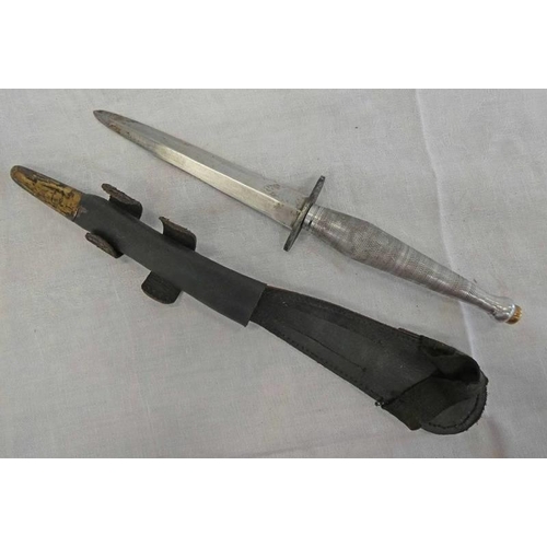 1217 - INTERESTING FS DAGGER / KNIFE WITH TURNED ALLOY GRIP, BRASS POMMEL, UNMARKED CROSS GUARD, PLAIN 15.3... 