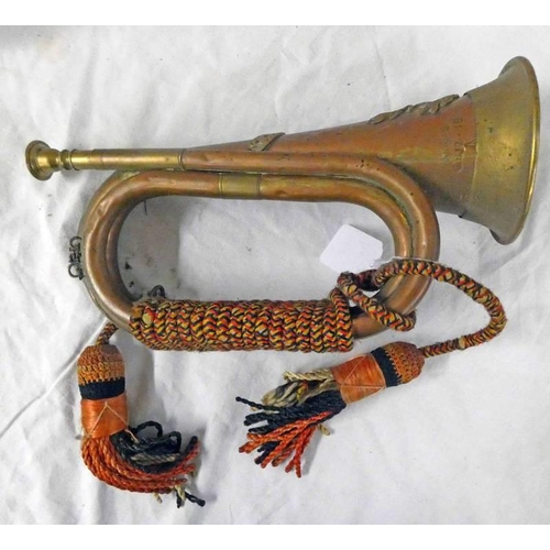 1236 - WORLD WAR ONE ERA COPPER & BRASS BUGLE WITH SEAFORTH HIGHLANDERS BADGE TO BODY, SEVERAL MARKINGS TO ... 