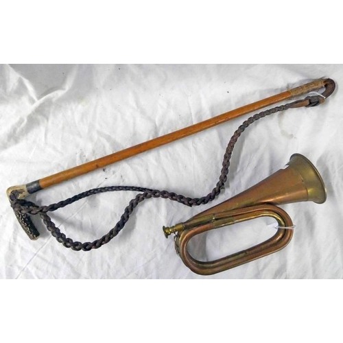 1239 - COPPER & BRASS BUGLE & A RIDING CROP -2-