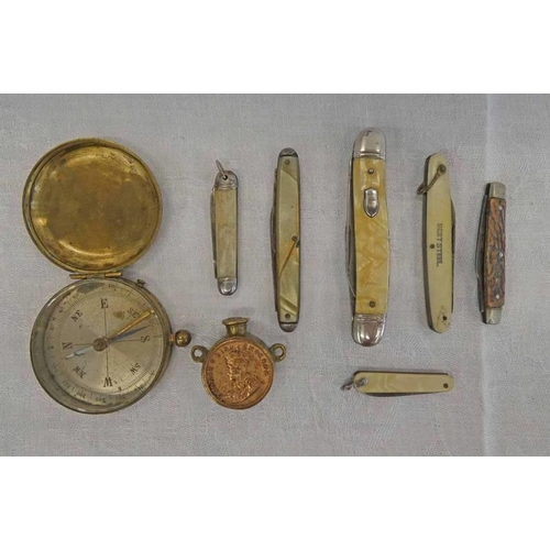 1252 - BRASS CASED COMPASS WITH SILVERED DIAL, 6 POCKET KNIVES & PIECE OF TRENCH ART -8-