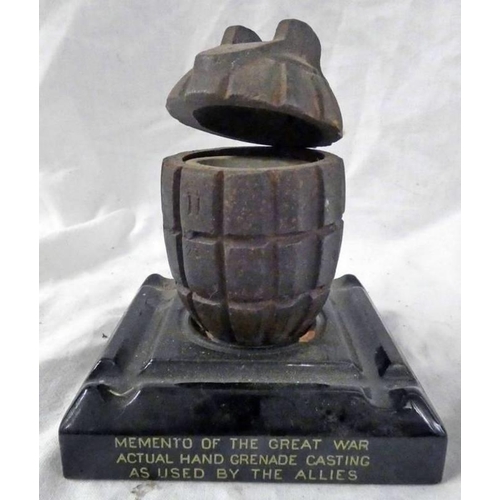 1257 - WORLD WAR ONE INERT MILLS BOMB / GRENADE ASHTRAY ON STAND