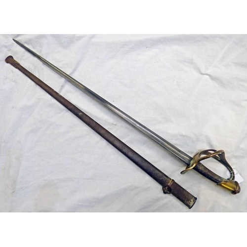 1259 - FRENCH MODEL 1882 CAVALRY SWORD WITH 86.7 CM LONG STRAIGHT BLADE, CHARACTERISTIC BRASS HILT WITH SEV... 