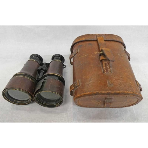 1265 - PAIR OF WORLD WAR ONE PERIOD BRITISH MILITARY MARKED LEMAINE FABT PARIS FRANCE BINOCULARS IN A LEATH... 