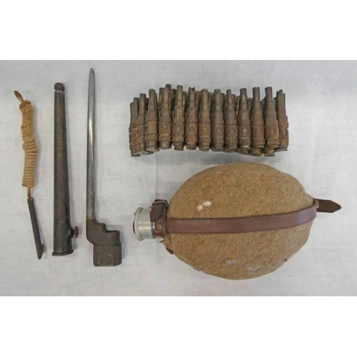 1268 - GERMAN CANTEEN, BELT OF BLANK FIRING (INERT) AMMO & A BRITISH NO4 MKII SPIKE BAYONET -3-