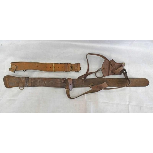 1271 - BRITISH MILITARY SAM BROWNE BELT WITH LEATHER SWORD FROG & A LEATHER WAIST BELT WITH MARKINGS -2-