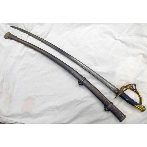 1277 - BRASS THREE BAR HILT CAVALRY SWORD WITH 90 CM LONG CURVED BLADE CHARACTERISTIC BRASS HILT WITH MARKI... 