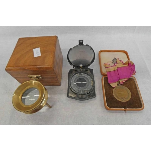 1285 - BRITISH MILITARY COMPASS, MEDAL FOR FIELD WORKS TO 2110250 SAPPER TURNBULL & A CASED GILT METAL MAGN... 