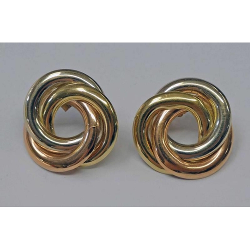 129 - PAIR OF 2 - TONE KNOT EARRINGS, THE POSTS MARKED 750 - 4.5 G