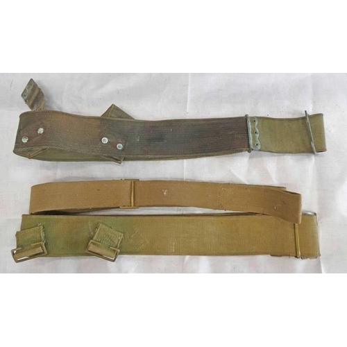 1294 - WORLD WAR ONE GREEN CANVAS BRITISH ARMY WEBBING BELT, ONE OTHER & A M&S 1944 DATED PIECE OF WEBBING ... 