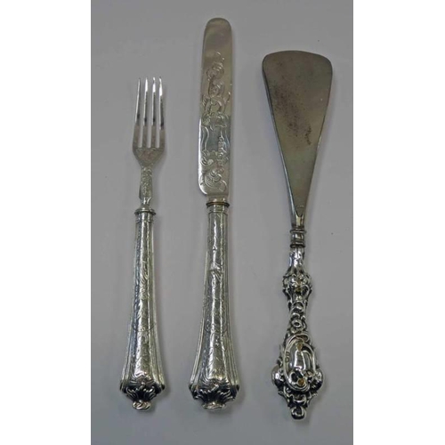 13 - VICTORIAN SILVER CHRISTENING FORK & KNIFE SHEFFIELD 1847/48 & SILVER HANDLED SHOEHORN