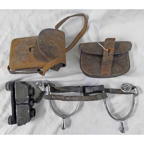 1302 - CARL ZEISS TELITA BINOCULARS IN CASE, LEATHER POUCH & A PAIR OF 1918 DATED SPURS