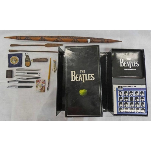 1324 - AFRICAN SPEAR, PLATIGNUM PENS, POCKET KNIFE, BOXED BEATLES CD COLLECTION, ETC