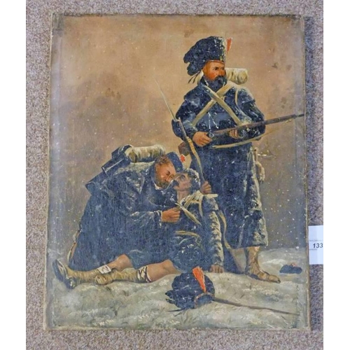 1332 - SOLDIERS MOURNING DEAD COMRADE,  UNSIGNED UNFRAMED OIL PAINTING 53 X 43 CM