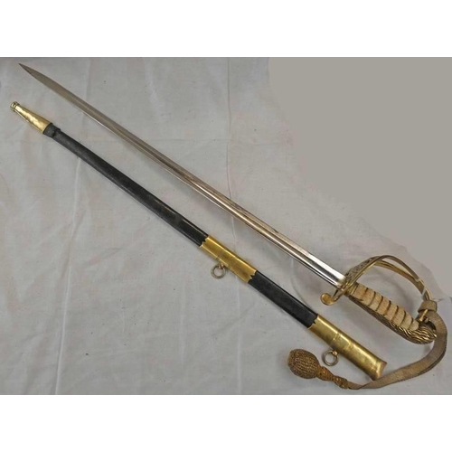 1349 - BANDS MANS SWORD WITH 71.3CM LONG PLAIN BLADE, BRASS PIERCED HILT WITH ROYAL VR CYPHER, WIRE BOUND G... 