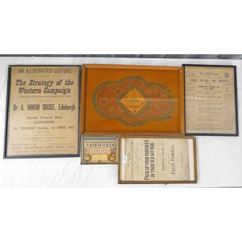 1353 - FRAMED 'THE WAR IS OVER' NEWSPAPER, ROYAL ARTILLERY SILK MOUNTED ON TRAY, ILLUSTRATED LECTURE OF THE... 