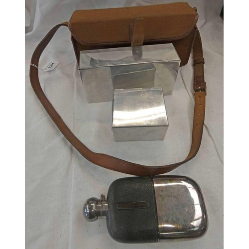 1361 - CANVAS CASED SPORTSMAN'S LUNCH / TRAVEL BOX WITH LEATHER & EPNS HIP FLASK & 2 METAL BOXES