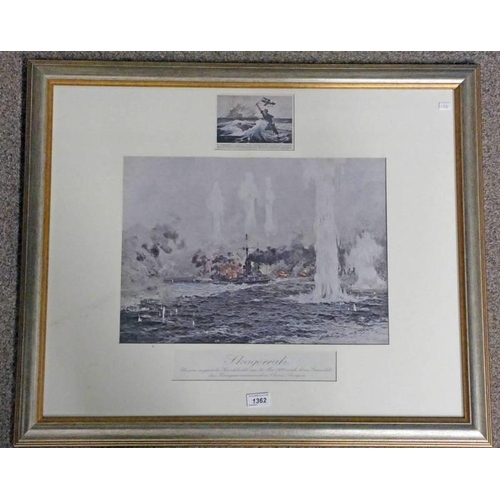 1362 - SCENE OF A NAVAL BATTLE SIGNED CLAUS BERGEN, WILHELMSHAVEN 1916 FRAMED PRINT, 32 X 45 CM