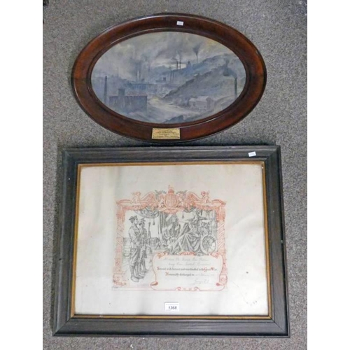 1368 - CERTIFICATE OF HONOURABLE DISCHARGE DURING THE GREAT WAR, FRAMED ETCHING, 41 X 53 CM, & AN OVAL FRAM... 