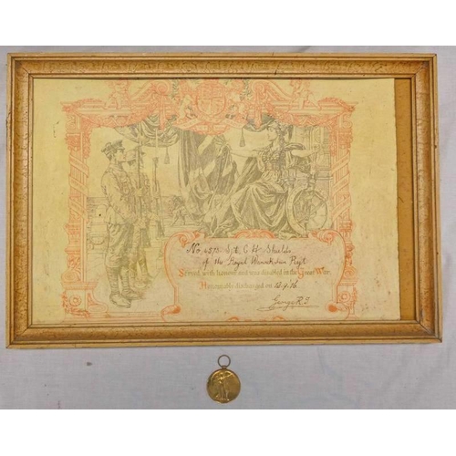 1392 - WORLD WAR ONE VICTORY MEDAL & FRAMED HONOURABLE DISCHARGE PAPER TO 6573 SJT.C.H.SHELDS.R.WAR.R, ROYA... 