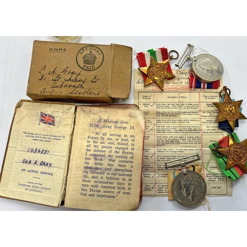 1400E - WORLD WAR TWO MEDALS BELONGING TO GNR A GRAY 1686551, DEFENCE MEDAL, ITALY STAR, 1939 - 45 STAR AND ... 