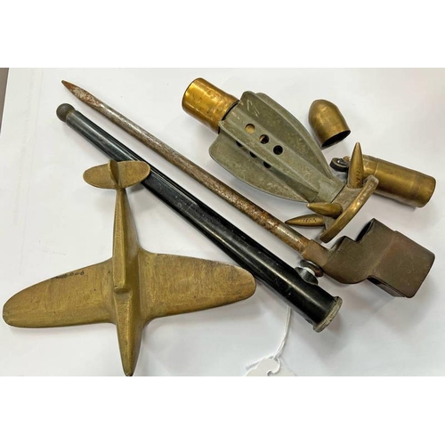 1400H - BRITISH SPIKE BAYONET, TRENCH ART MORTAR TAIL SECTION, TRENCH ART BRASS LIGHTER AND A BRASS PLANE -4... 