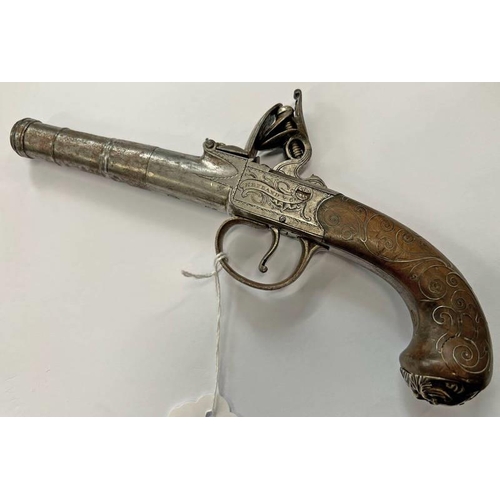 1400J - KETLAND & CO FLINTLOCK PISTOL WITH TURN OFF BARREL, SIGNED LOCK, WHITE METAL INLAID GRIP WITH WHITE ... 