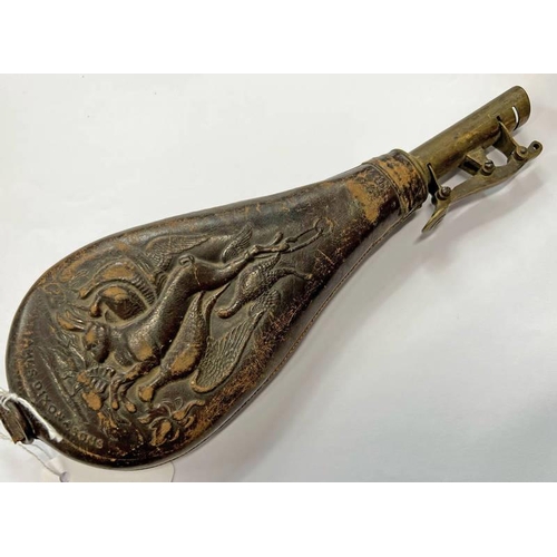 1400K - JAMES DIXON & CO LEATHER BODIED SHOT / POWDER FLASK WITH EMBOSSED HUNTING SCENE TO BODY