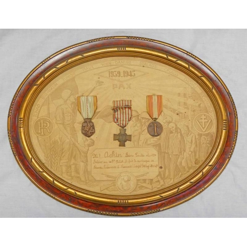 1410 - WORLD WAR TWO FRENCH MEDALS ON BOARD '1939-1945 MR ACHIN SEON EMILE ET 1930 SOLDAT AU 403 C D.C.A...... 