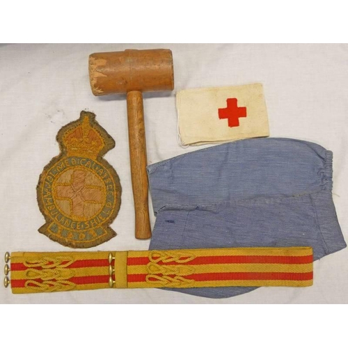 1428 - RED CROSS ARM BAND, NURSES SLEEVES, STABLE BELT, WOODEN HAMMER, ETC