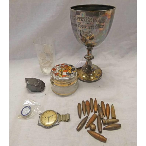 1431 - 195TH INFANTRY BRIGADE MARCHING COMPETITION 1917 TROPHY, 1914 LORD KITCHENER ETCHED GLASS, CAUNY WAT... 