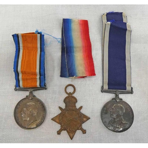 1439 - WORLD WAR ONE MEDAL GROUP NAMED TO R. M. B. 1740. MUS. H. J. PURKIS., 1914-15 STAR, BRITISH WAR MEDA... 